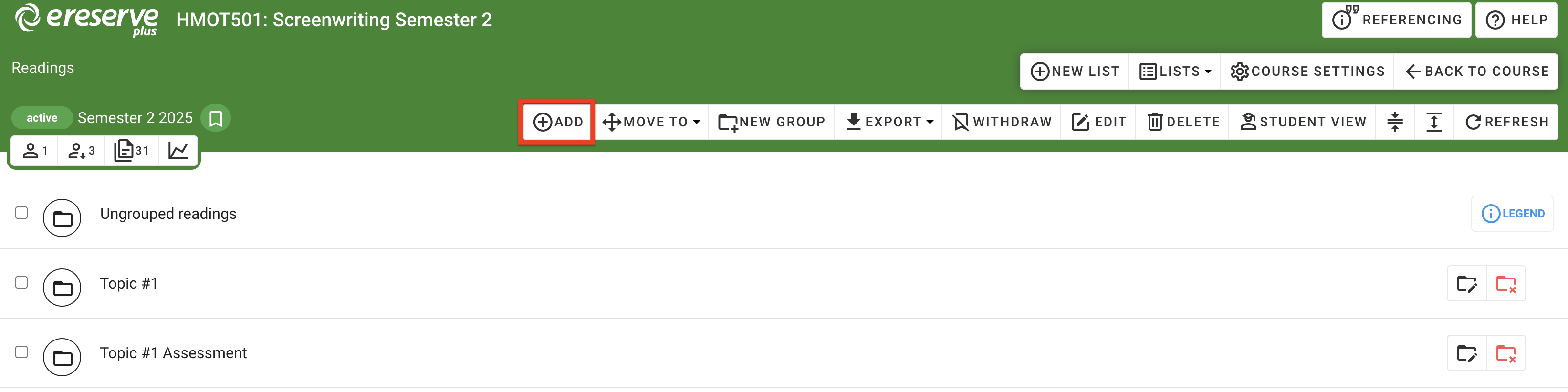 The 'Add' button in the list toolbar