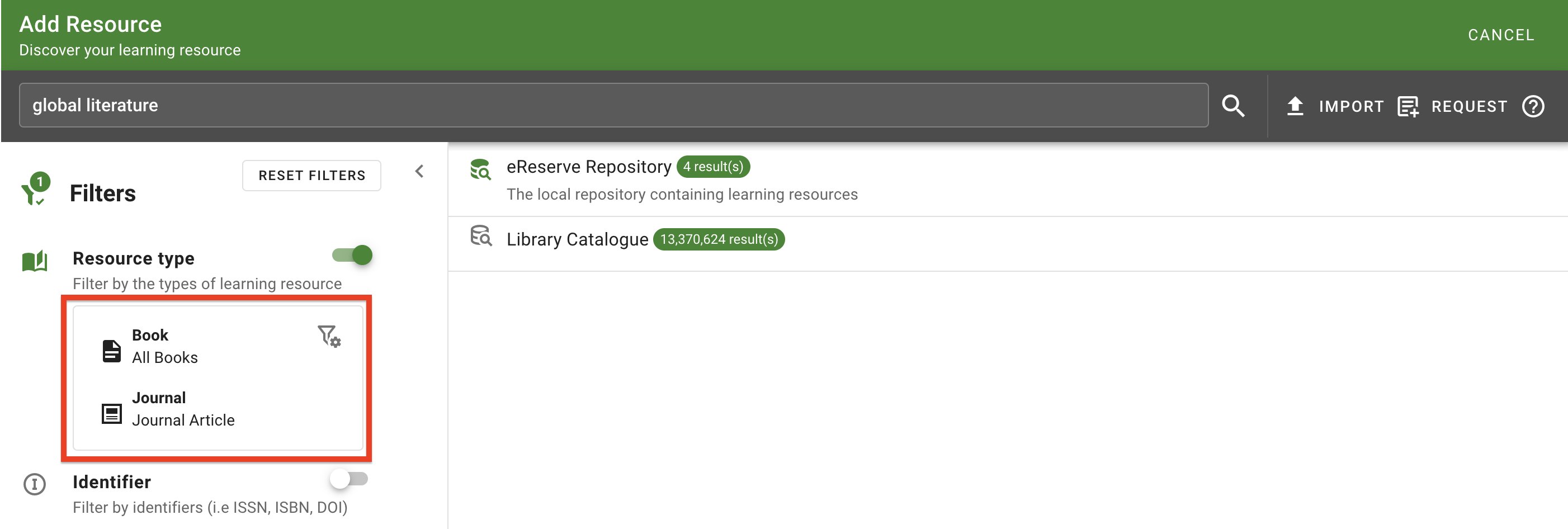 The 'Resource type' selection panel displays what is currently being applied