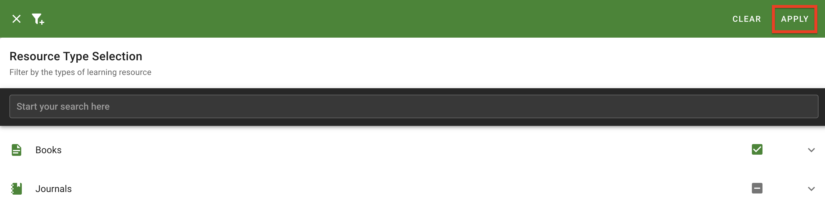 The 'Apply' button at the top right of the filter selection page