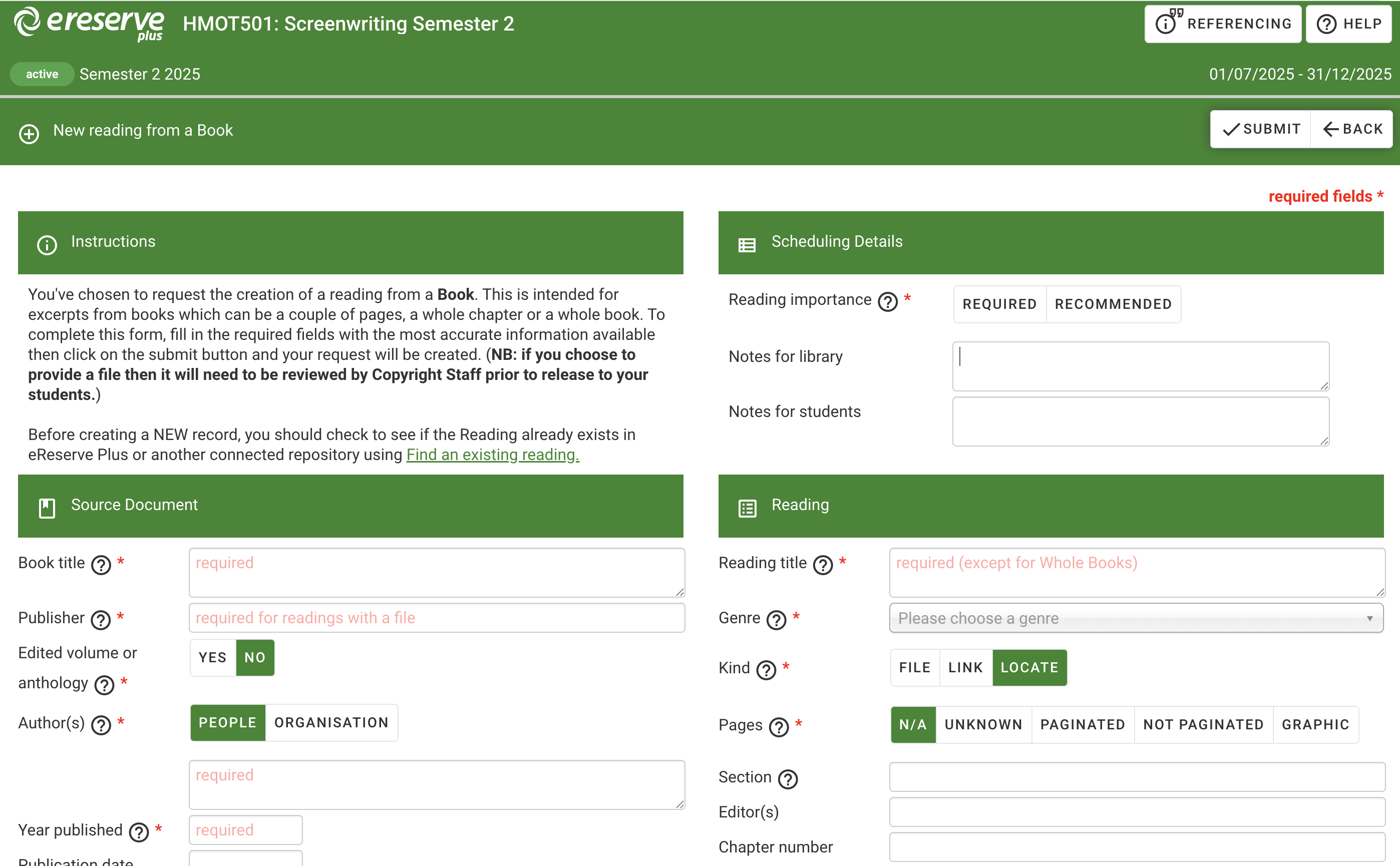 The Request creation page for a Book resource