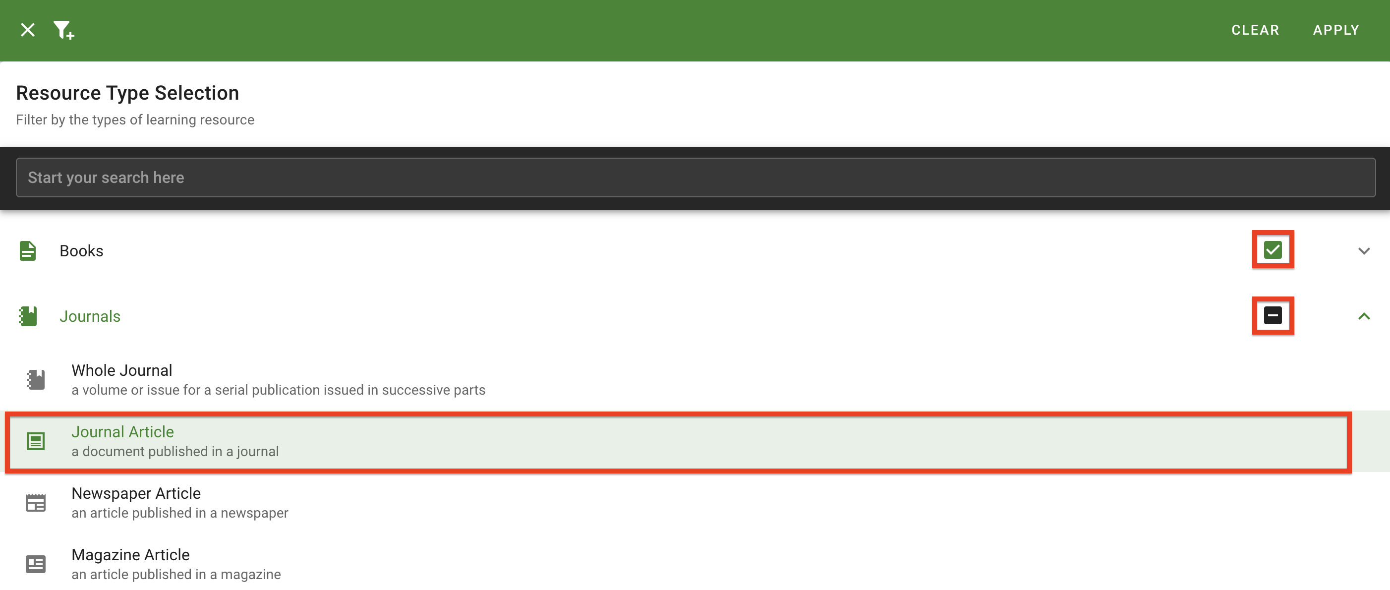 All books and one journal resource type has been selected
