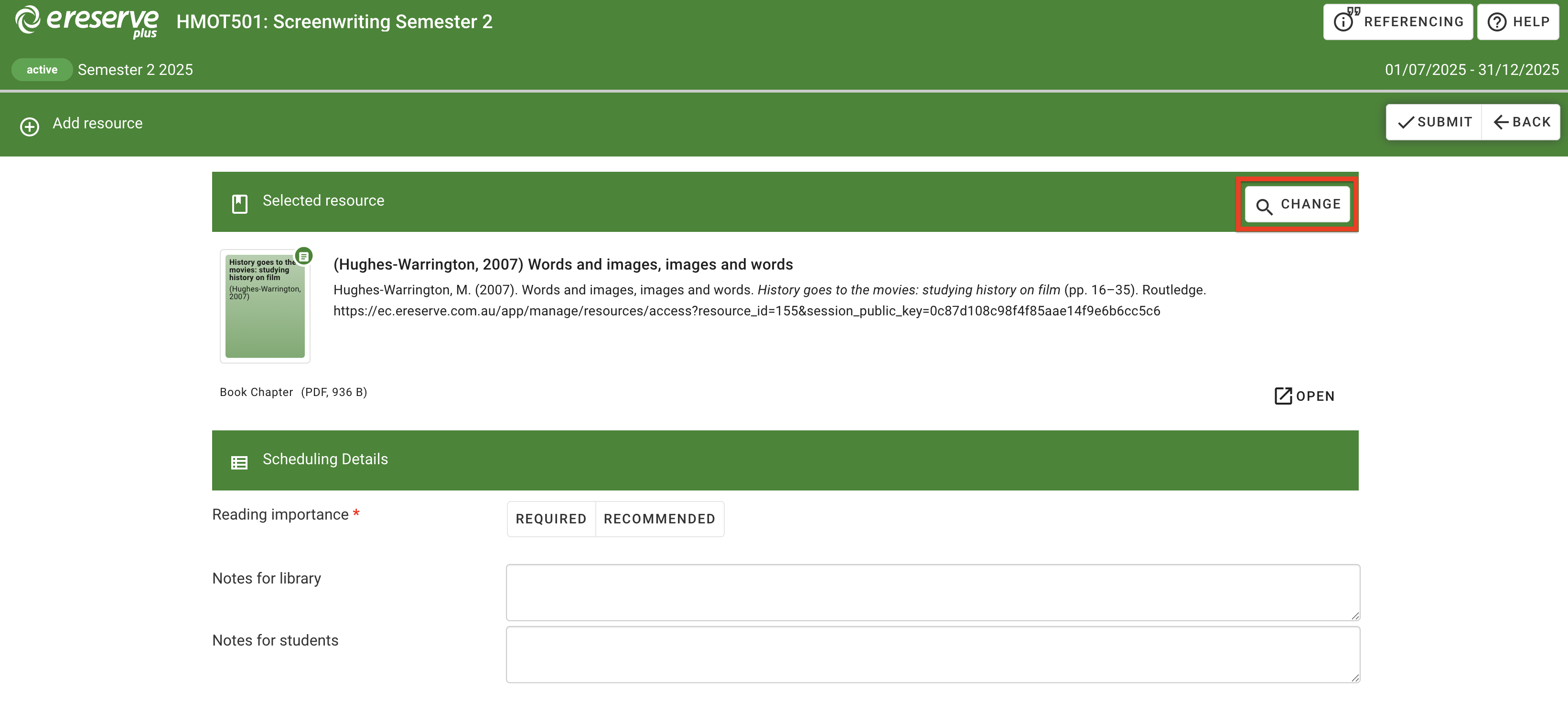 The 'Change' button to reopen the discovery search