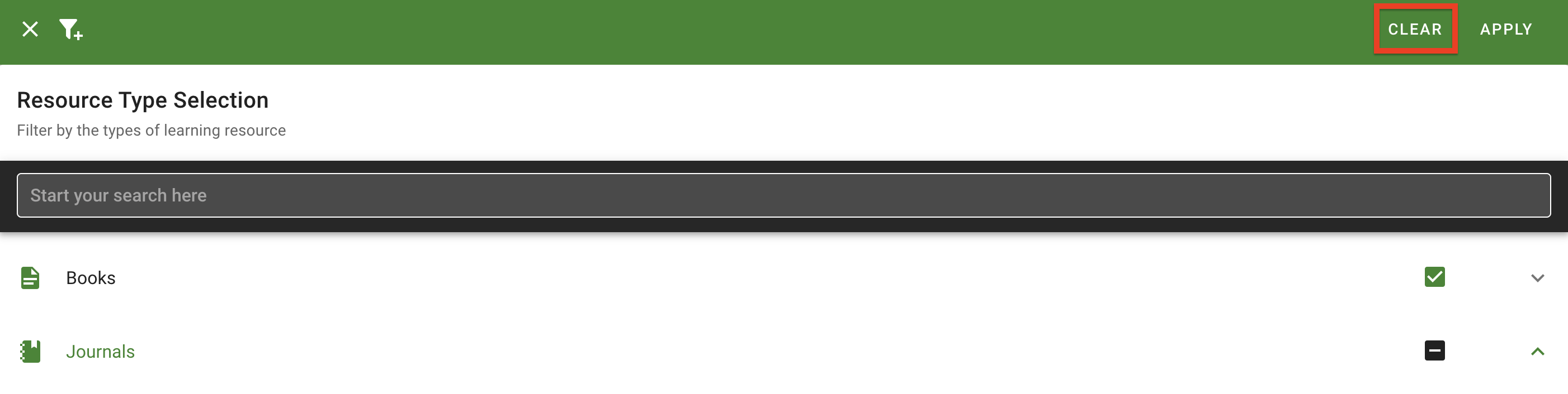 The 'Clear' button at the top right of the filter selection page