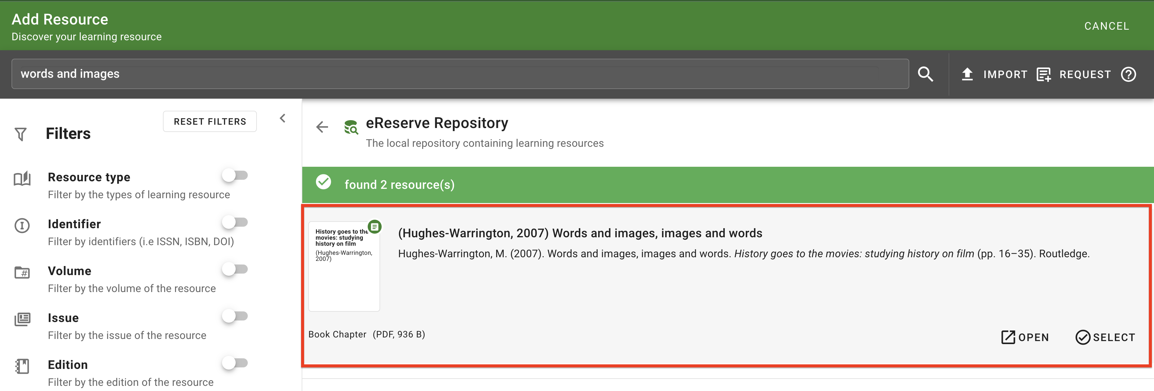 The 'select' button, on the bottom righthand corner of the resource row