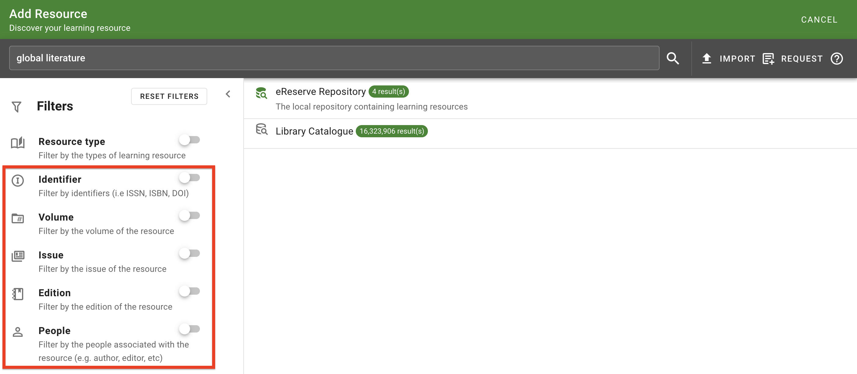 The filters for resource metadata details"