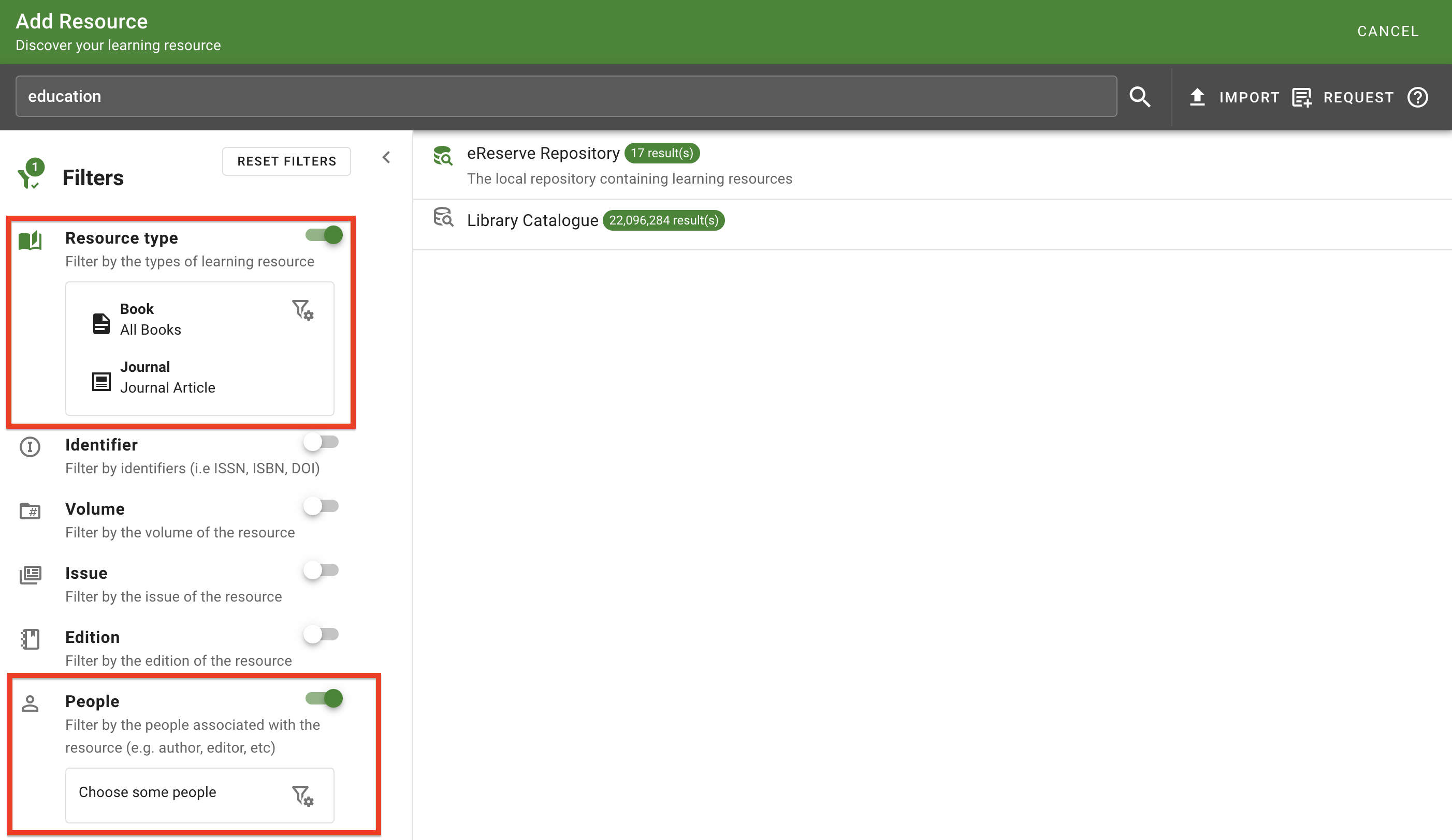 The selection panels for two enabled filters