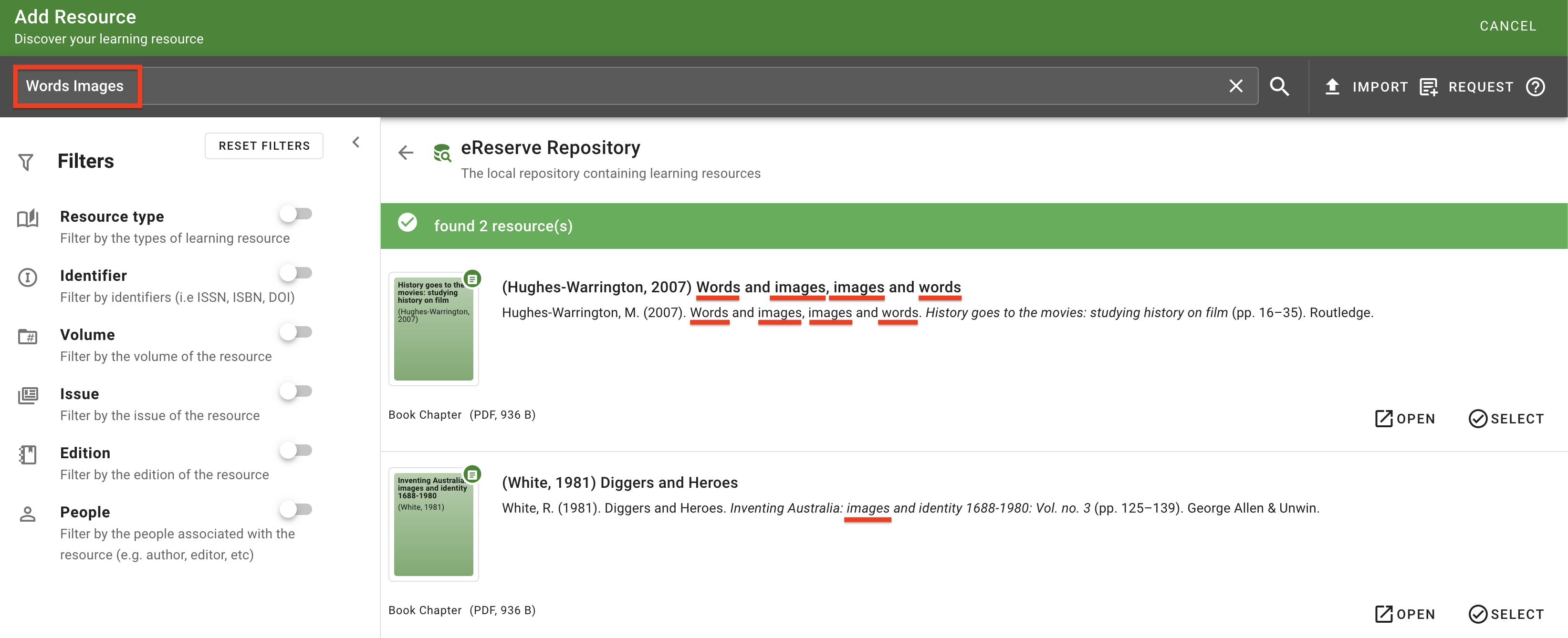 The matched results in the ereserve Repository for a search