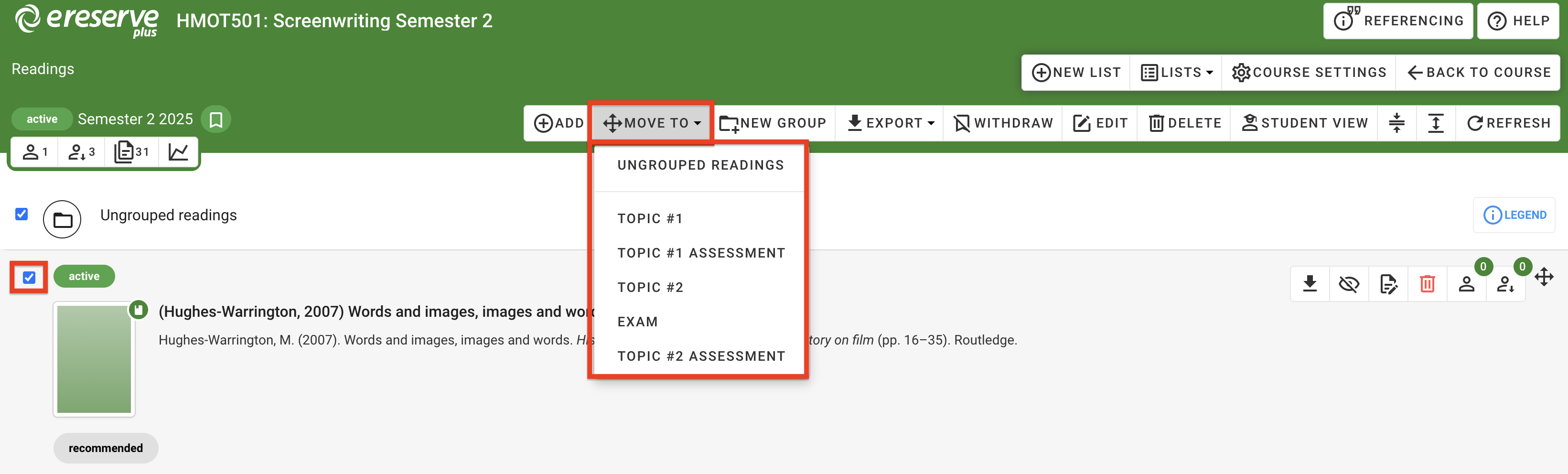 The 'Move To' option in the list toolbar