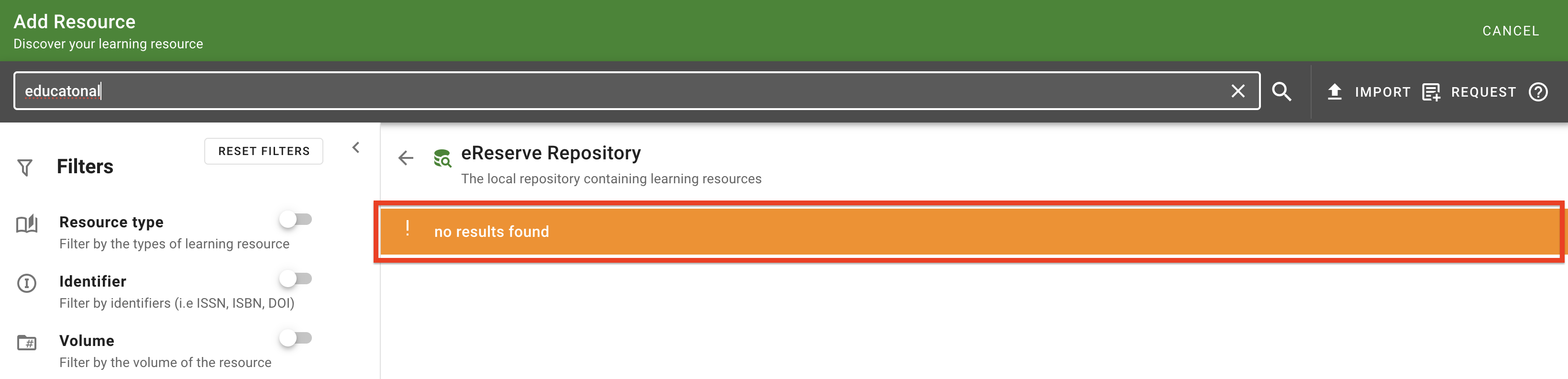 The no results found message is displayed