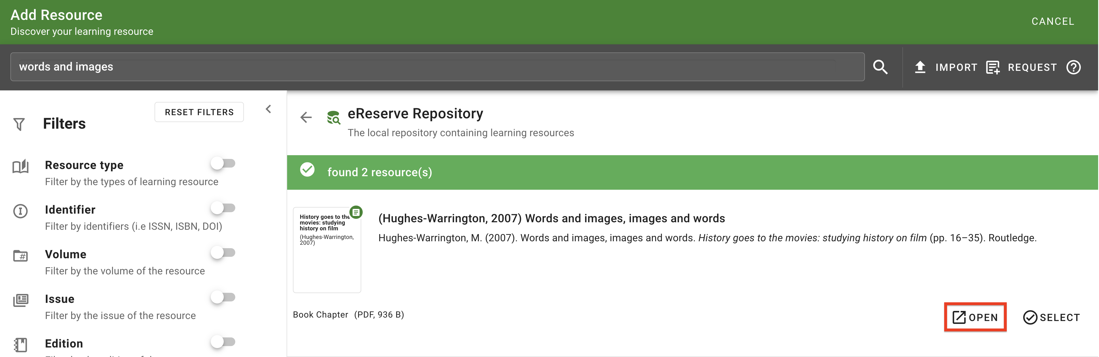 The 'Open' button to review the resource in the search results list