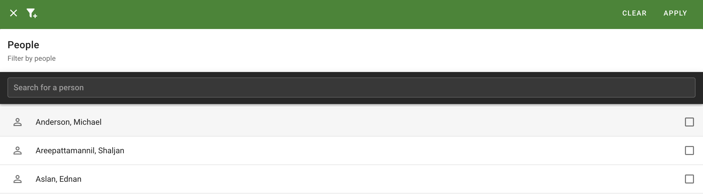 The People selection page is displaying pre-populated results