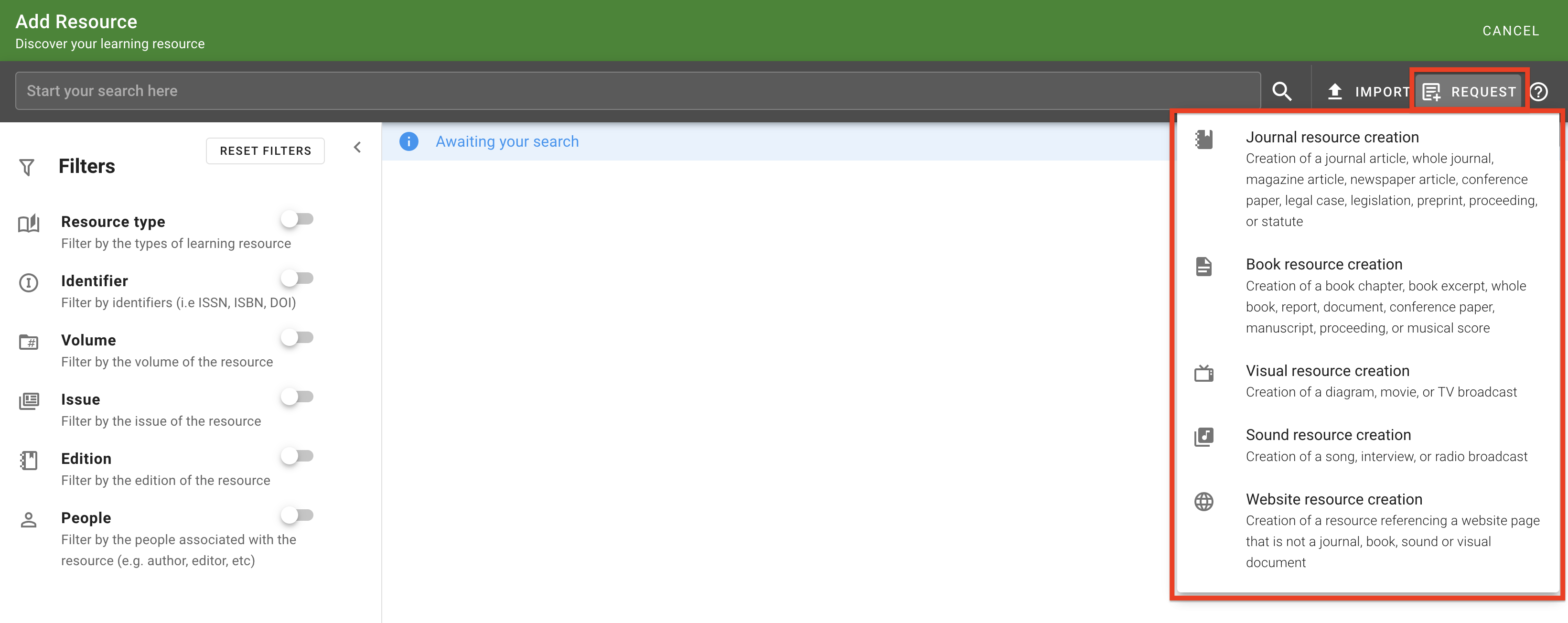 The request creation options are listed in the Request button dropdown for selection