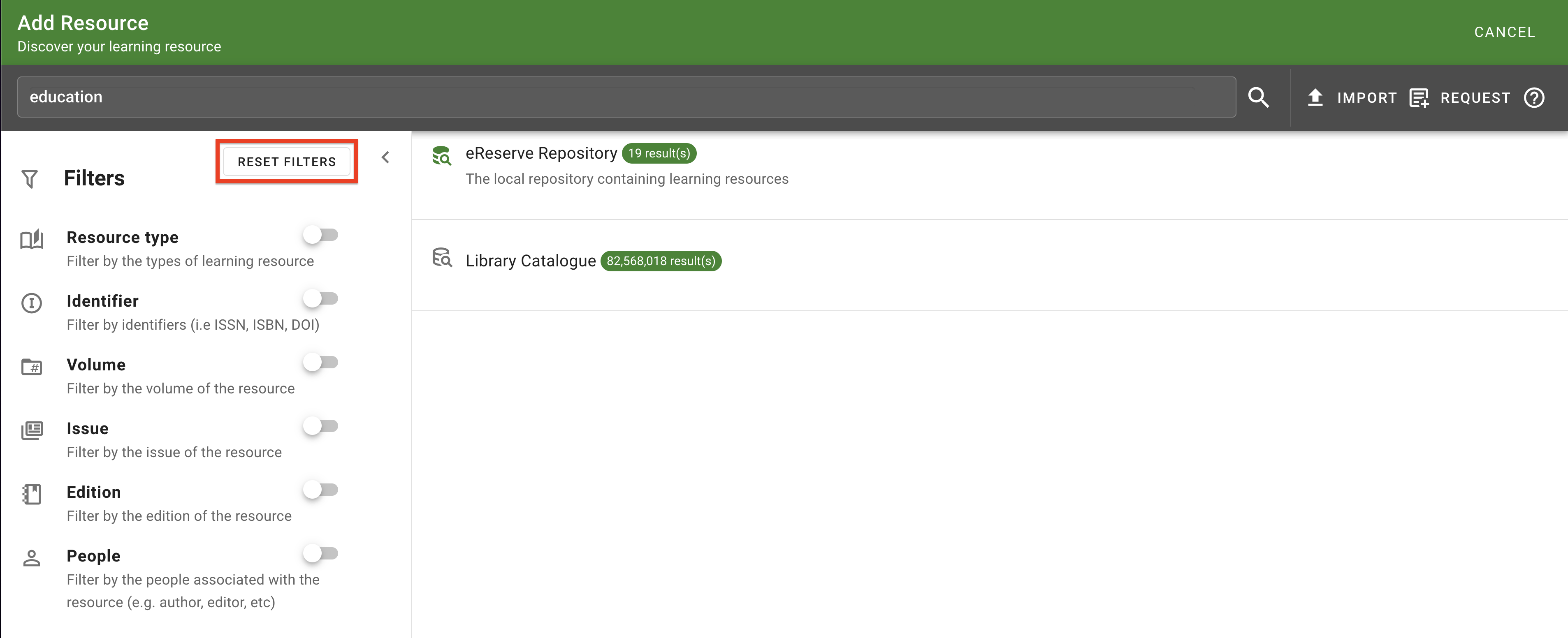 The 'Reset Filters' button on the top right of the Filters panel