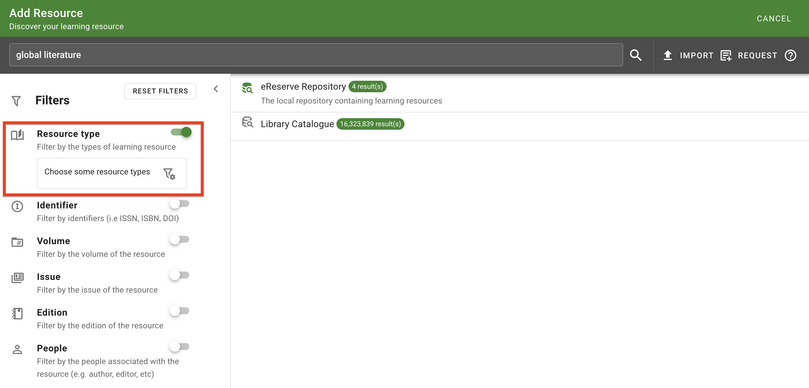 The 'Resource Type' filter in the filter panel