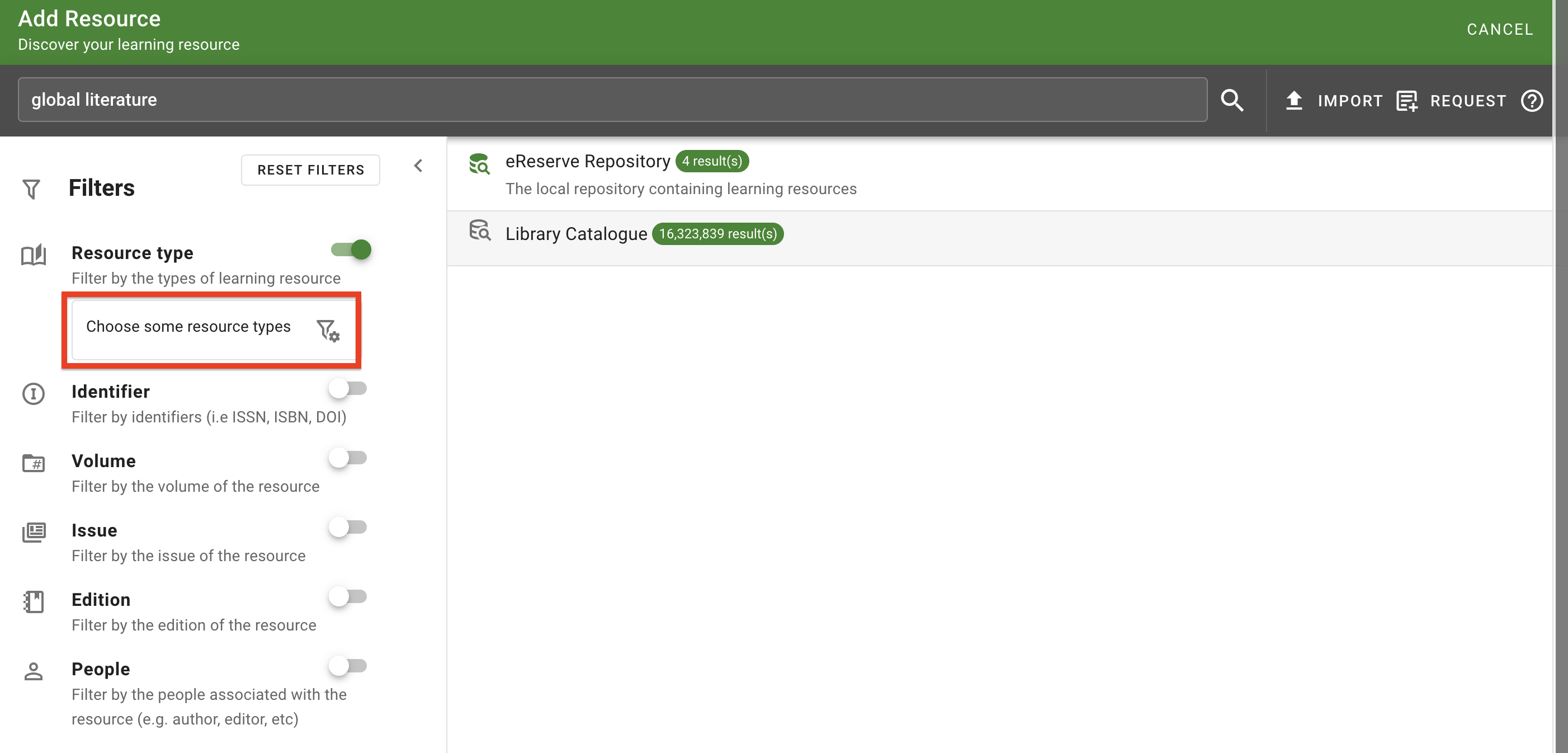 The Resource Type Filter is enabled, with the selection panel displayed underneath
