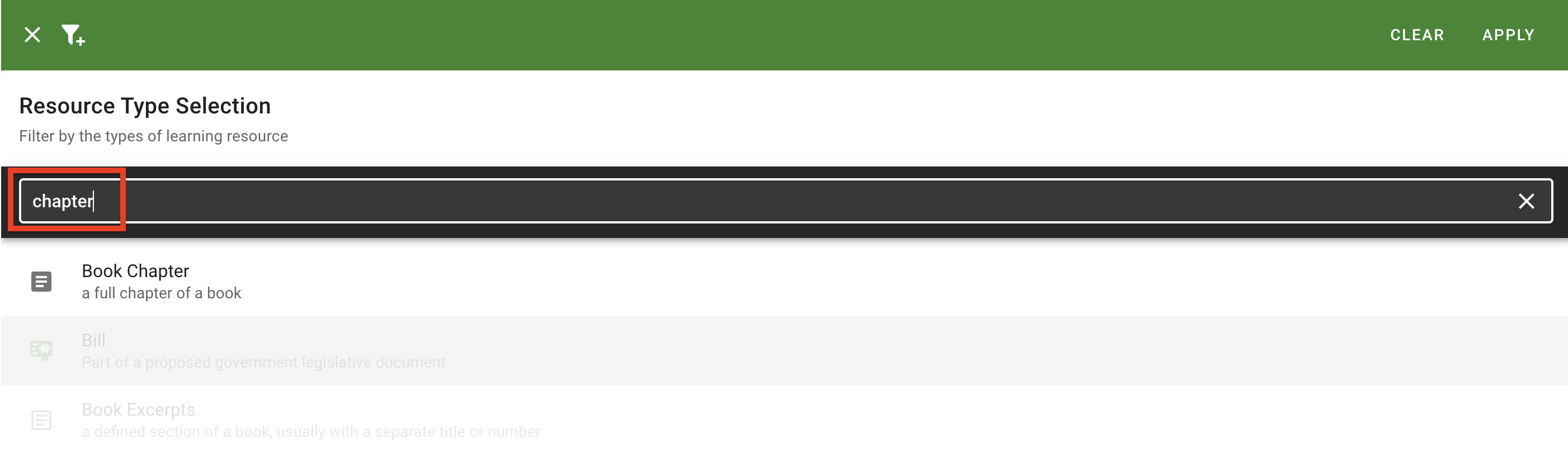 The Resource Type search