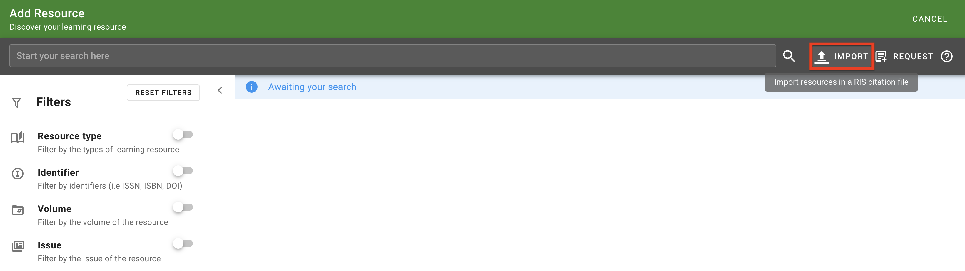 The 'Import' button to the right of the search bar