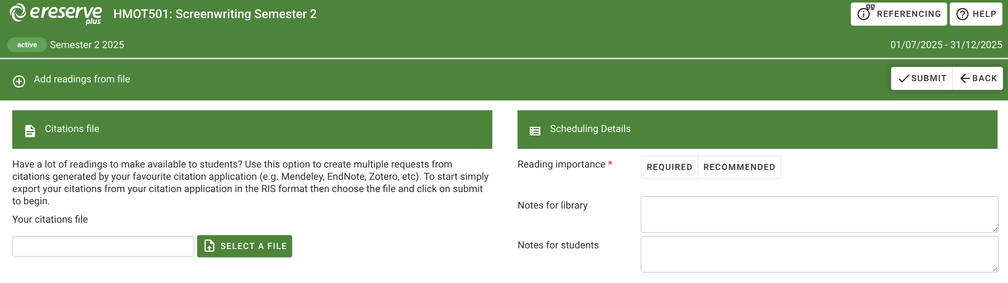 The 'Add readings from file' page