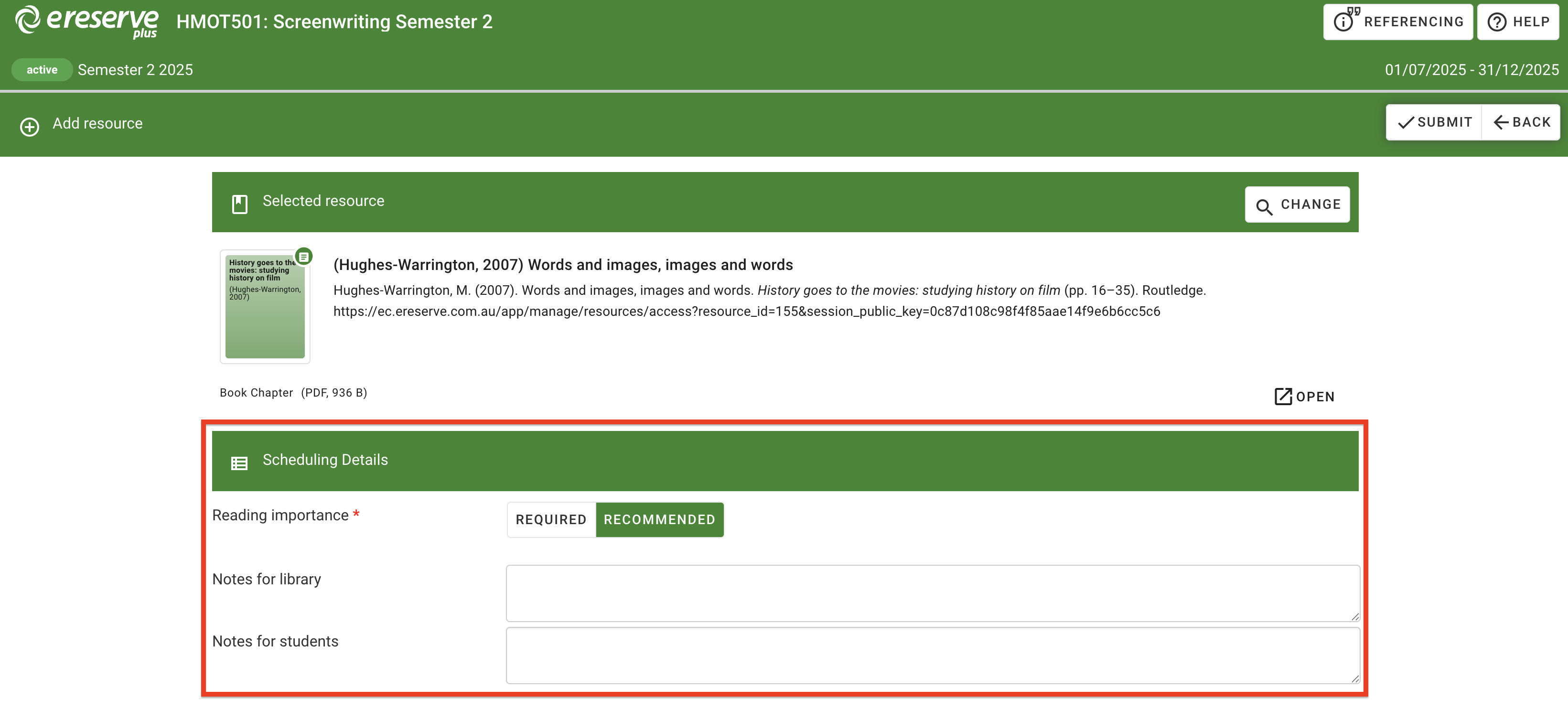 The 'scheduling details' fields