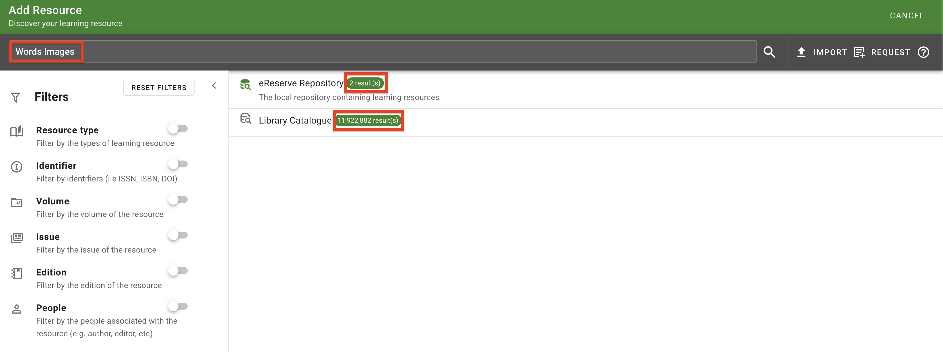 The number of results returned is shown on the right of the repository name