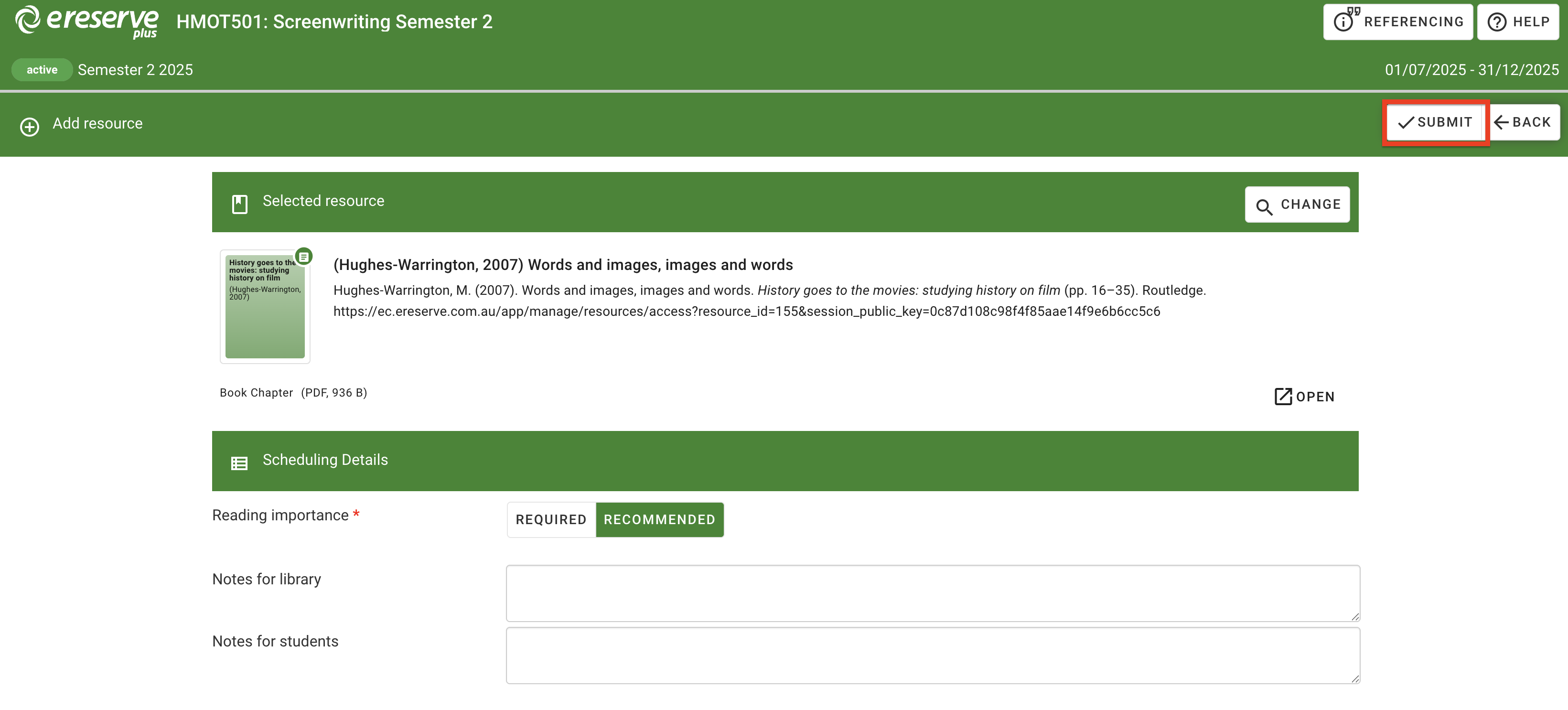 The 'Submit' button at the top right of the page