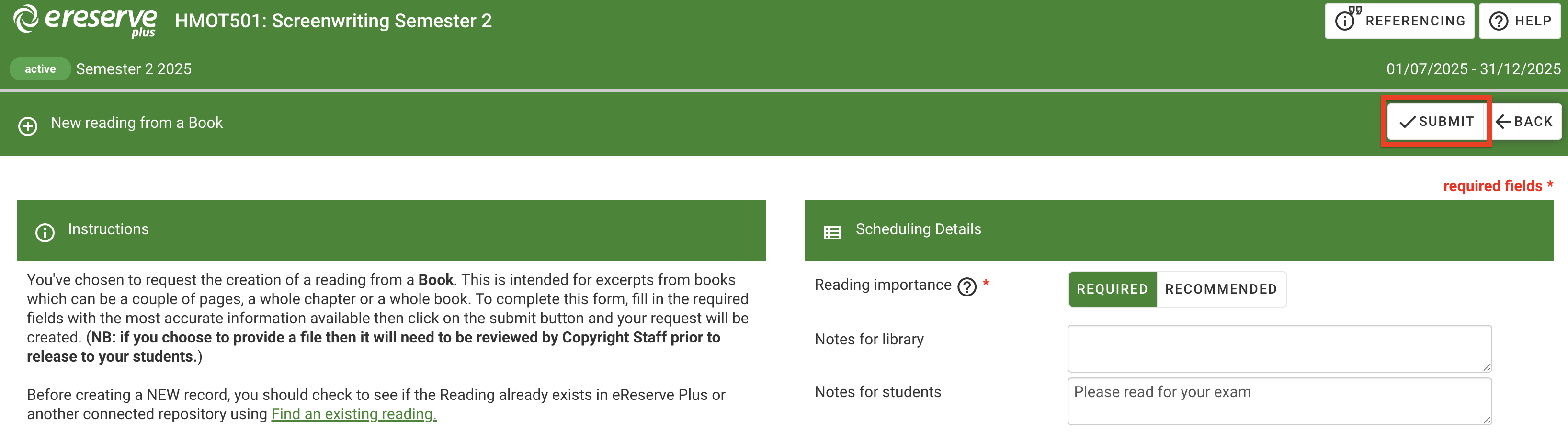 the 'Submit' button on the top right of the page