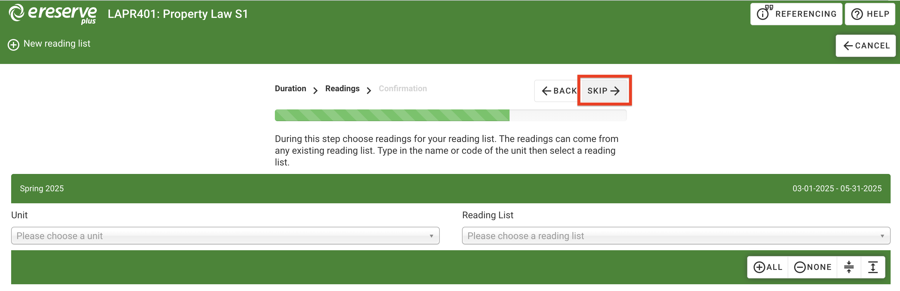 No readings have been selected