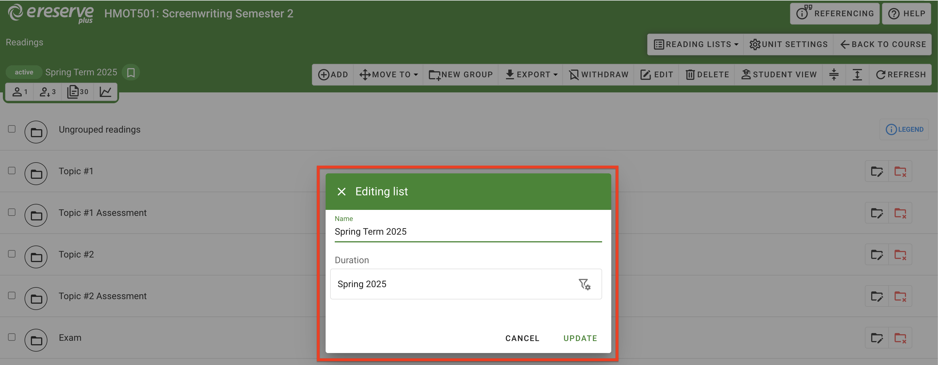 The Editing List menu window