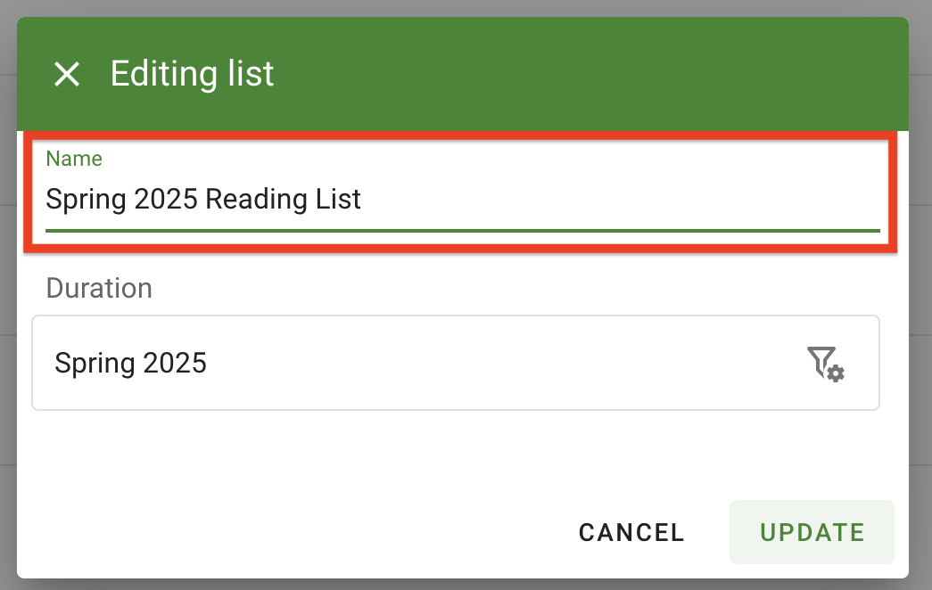 Renaming a list by typing into the name field