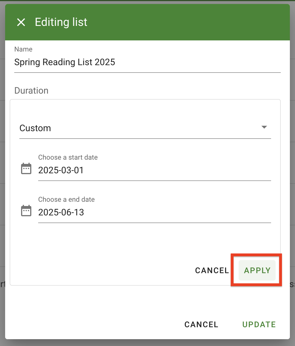 Click the Apply button to save the duration changes