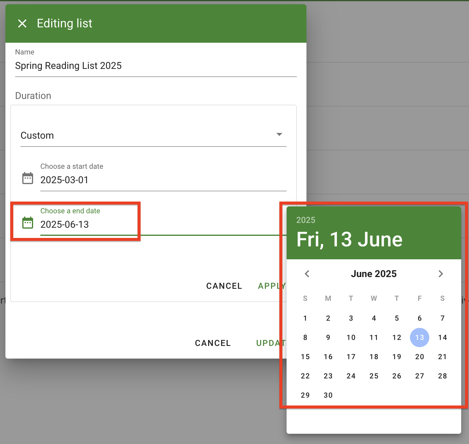 The custom date selection process