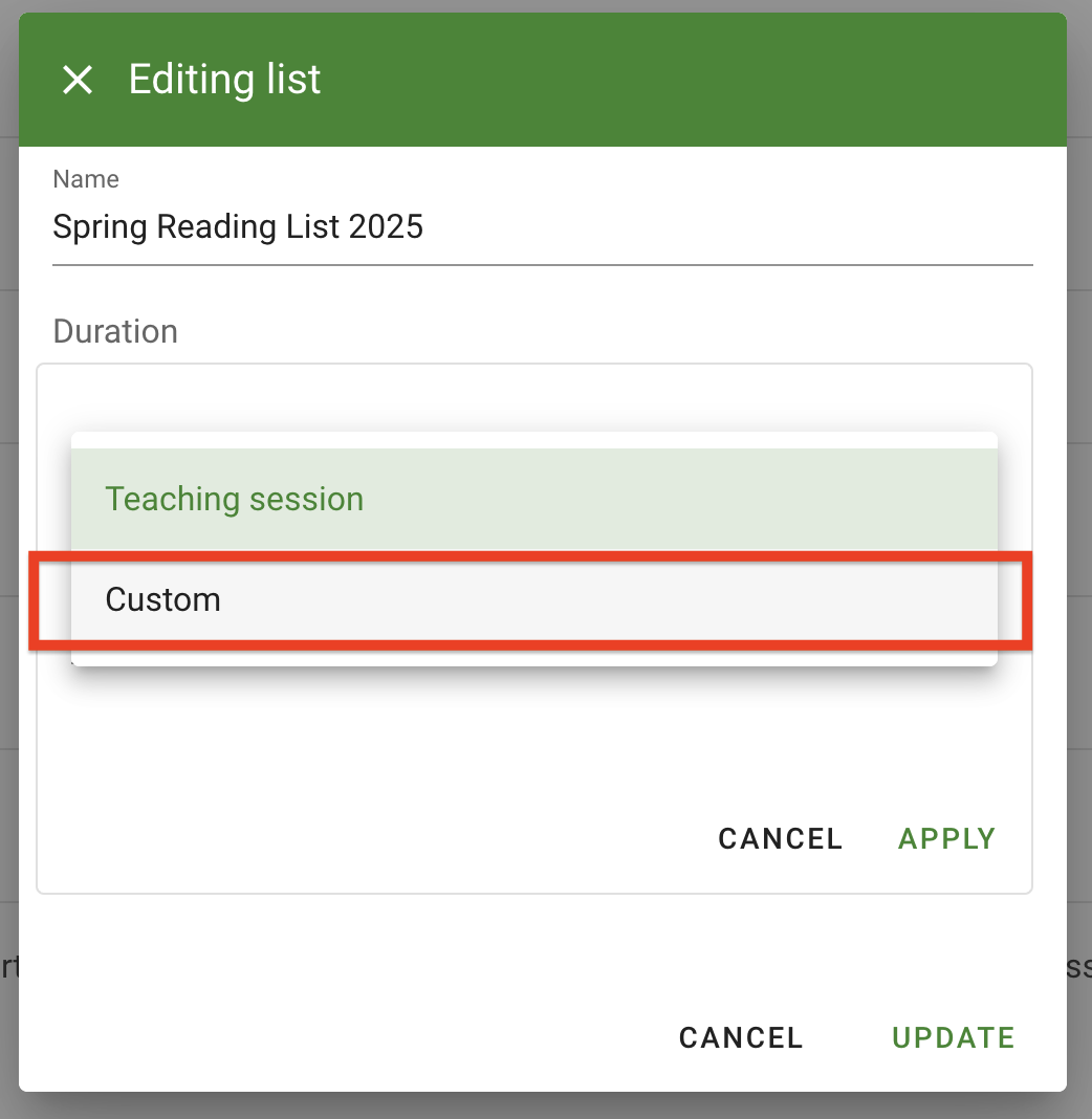 The duration type dropdown