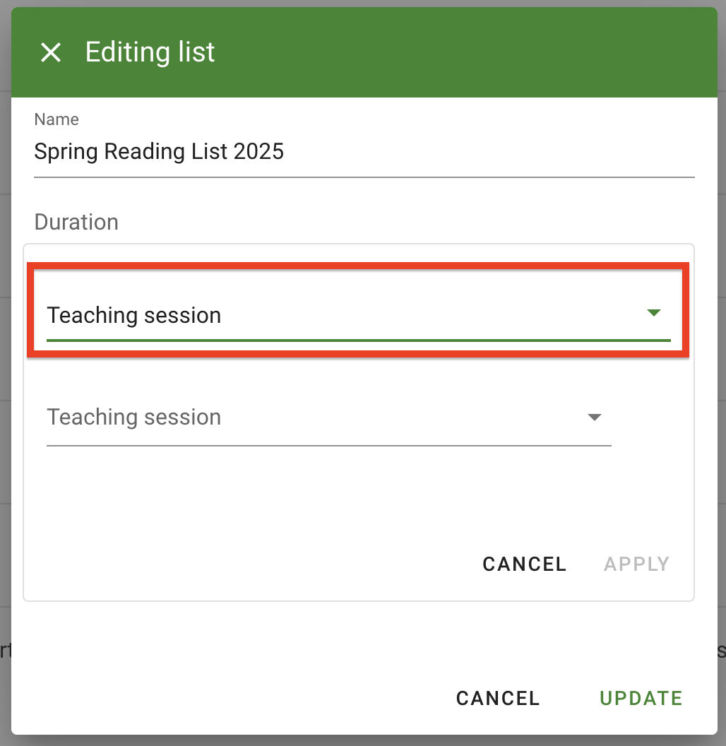 Teaching Session is selected