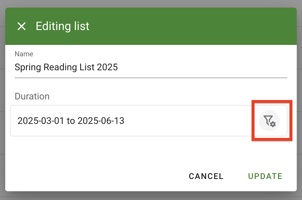 The duration configuration button