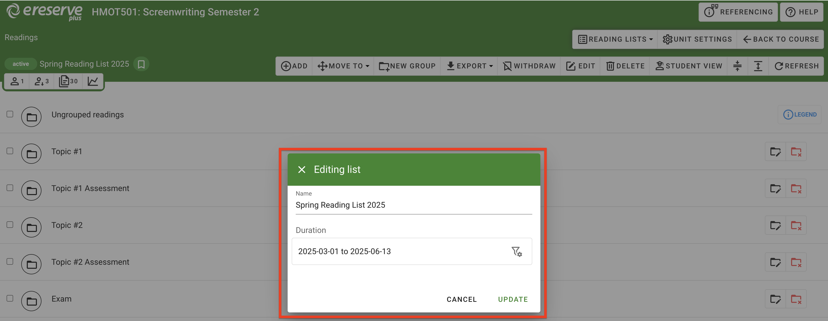 The Editing List menu window