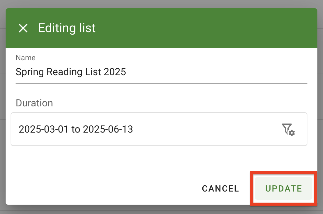 Click the Update button to apply changes to the list"