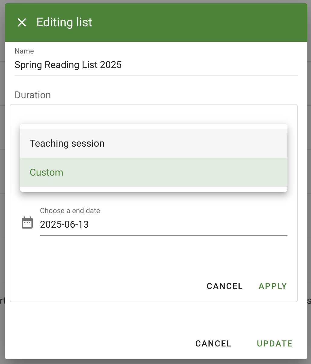 The duration type dropdown