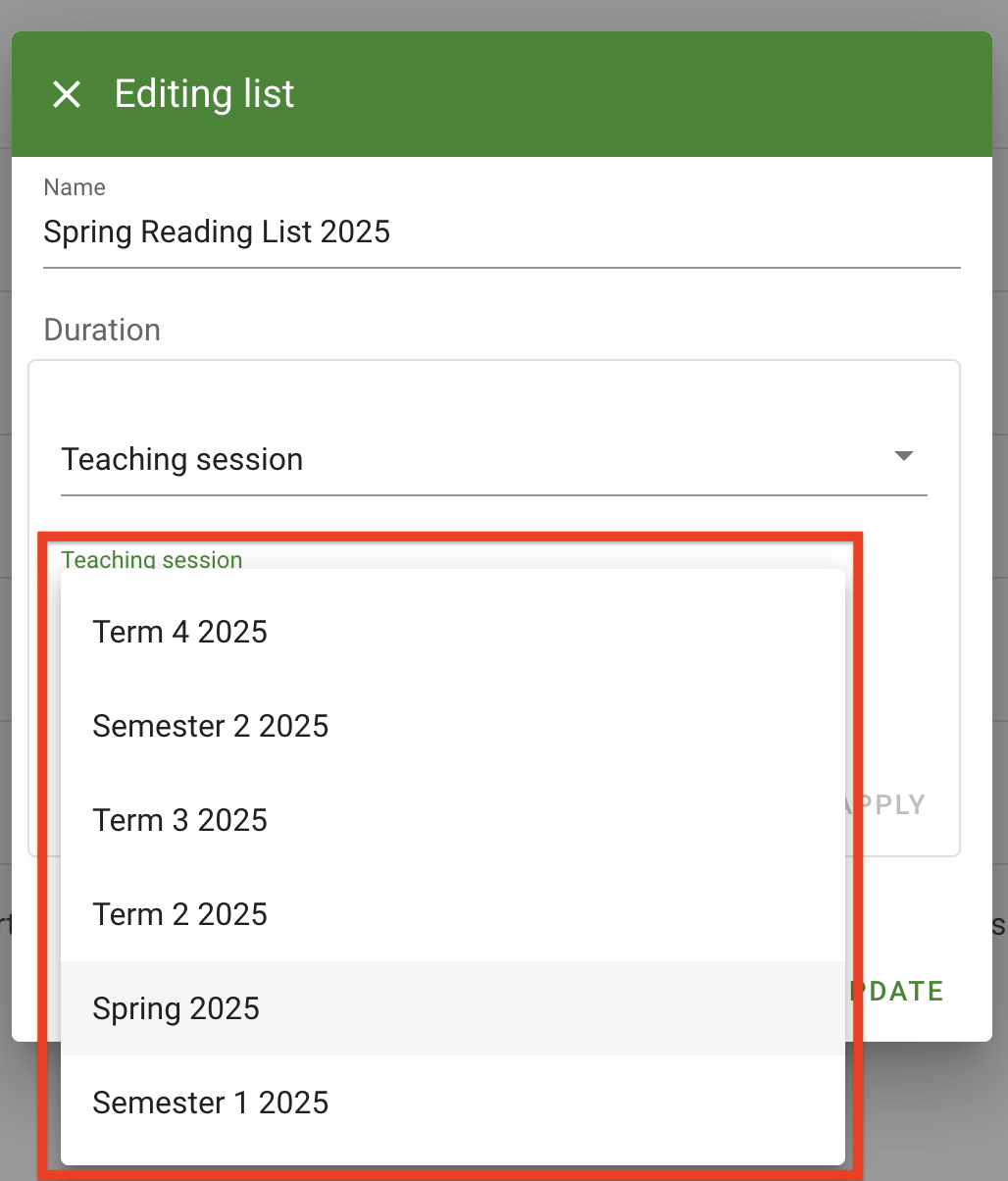 The Teaching Session selection dropdown