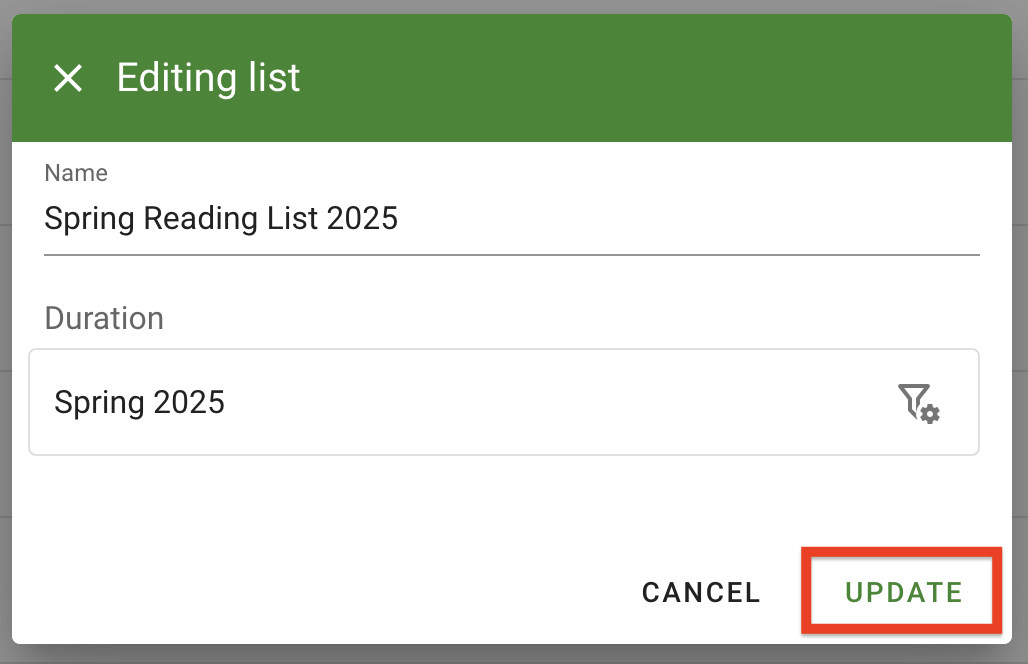 Click the Update button to apply changes to the list"