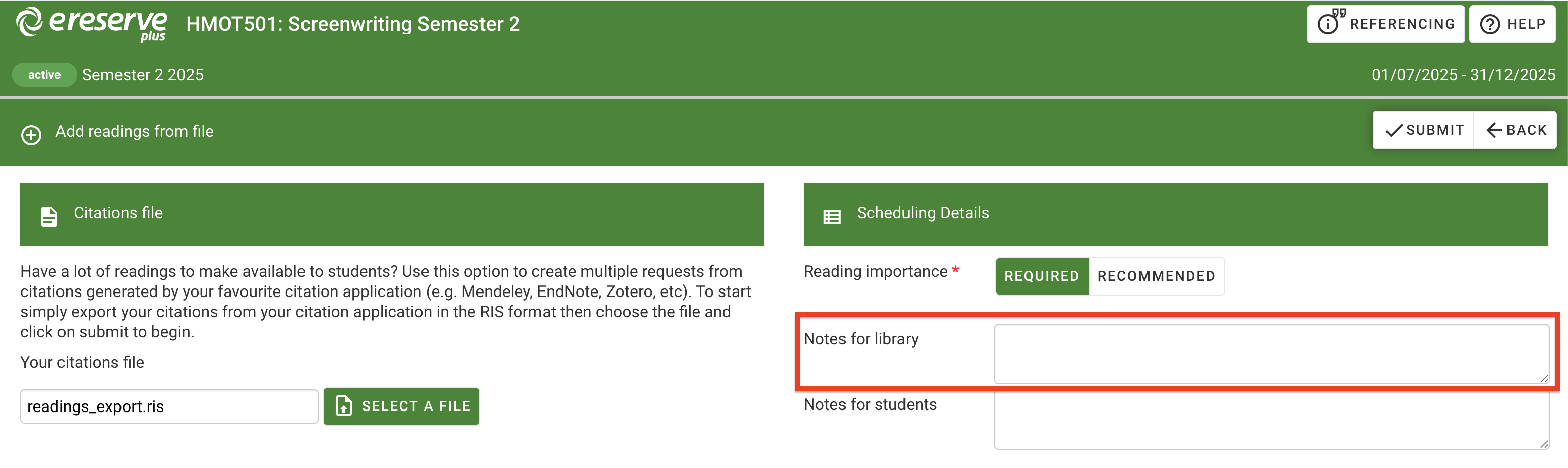 The Notes for Library field under the Scheduling details section