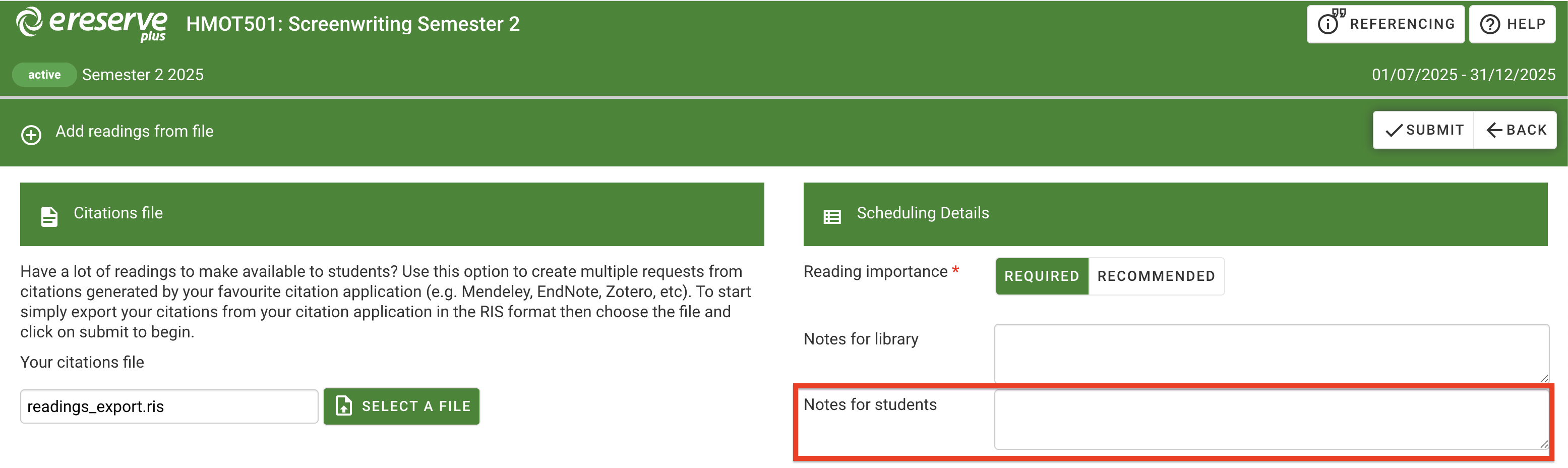 The Notes for Faculty field under the Scheduling details section