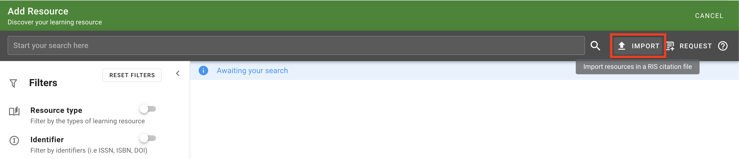The Import button to the right side of the search bar.