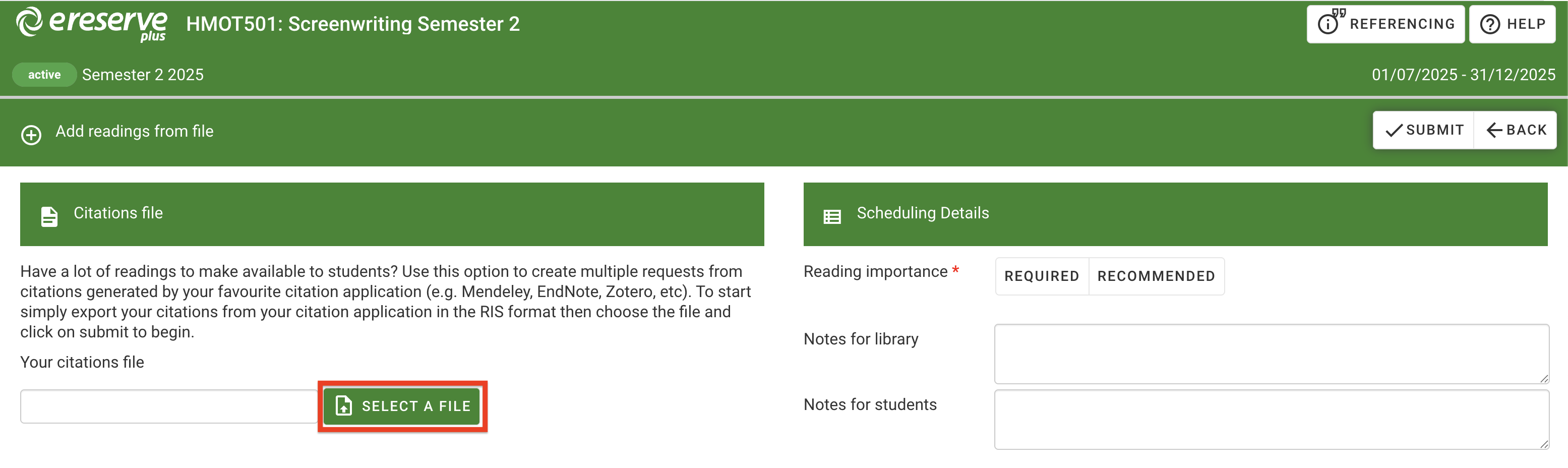 The Select a File button on the left side, under the Citations file section