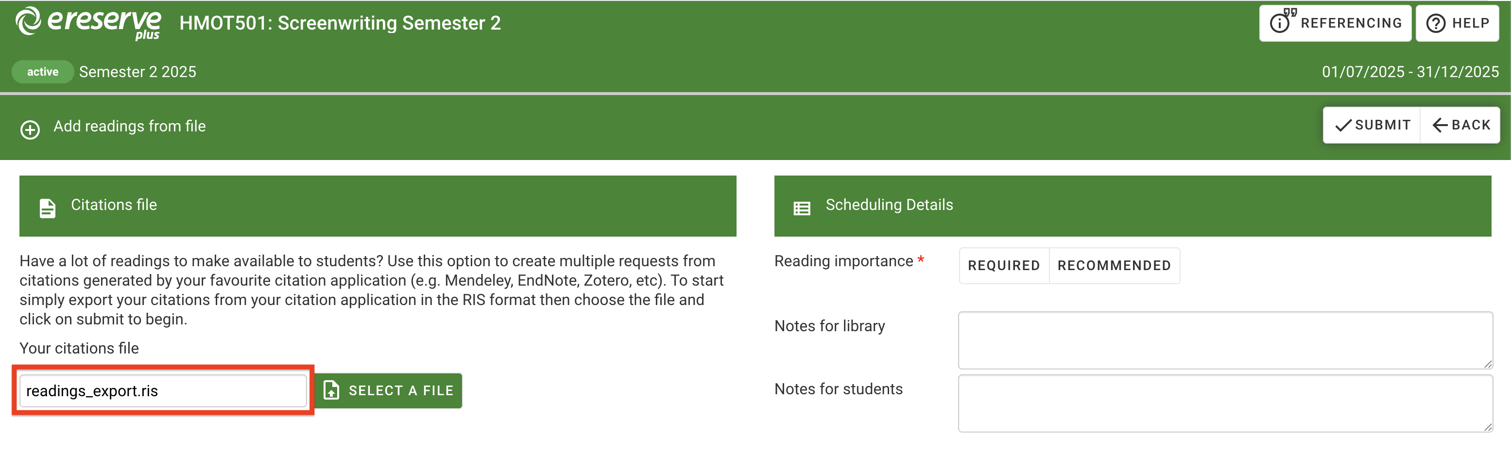 The selected file's name has been populated in the file field