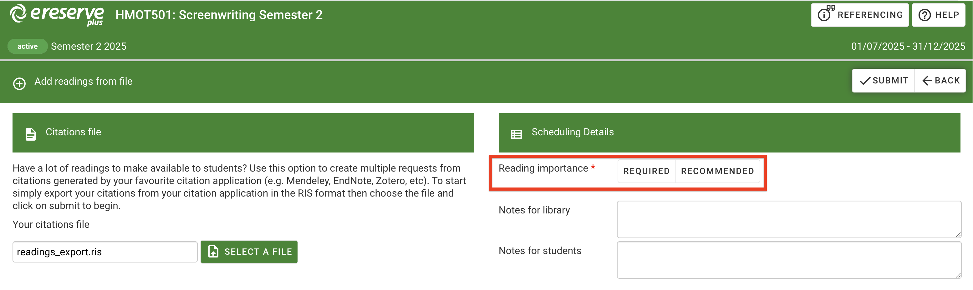 The reading importance buttons under Scheduling Details section