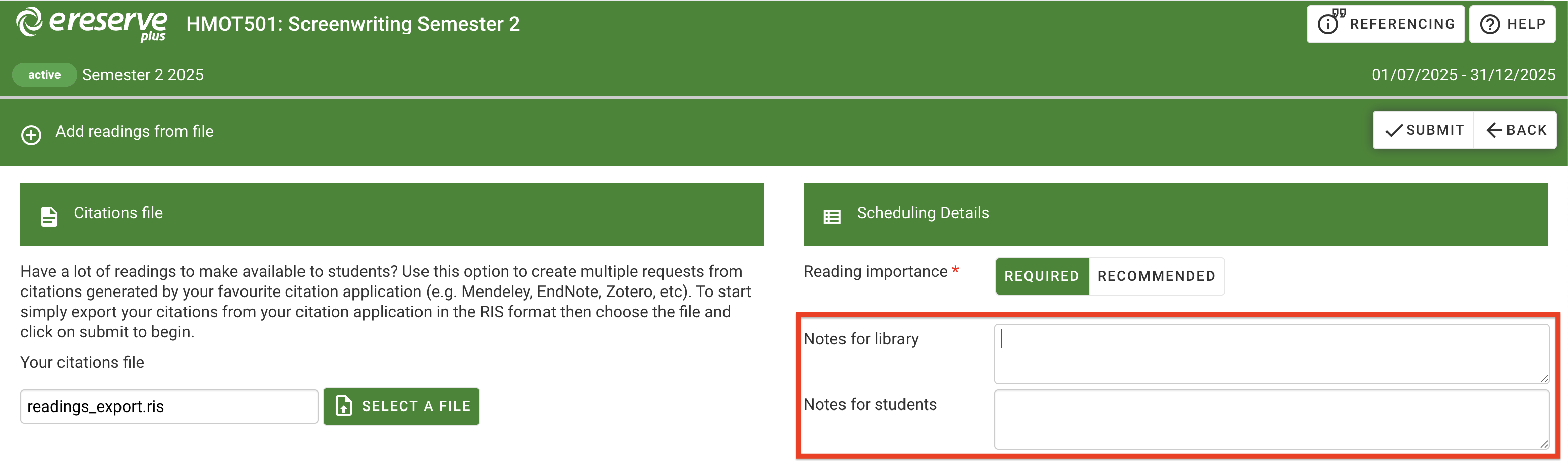 The 'notes for library' and 'notes for student' fields under the Scheduling details section on the right