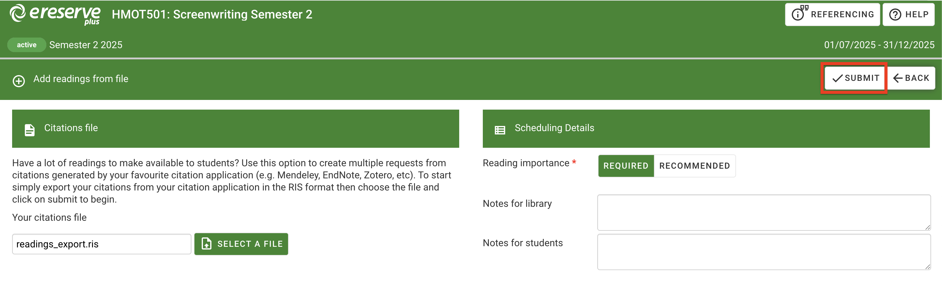 The Submit button is found on the top right side of the page
