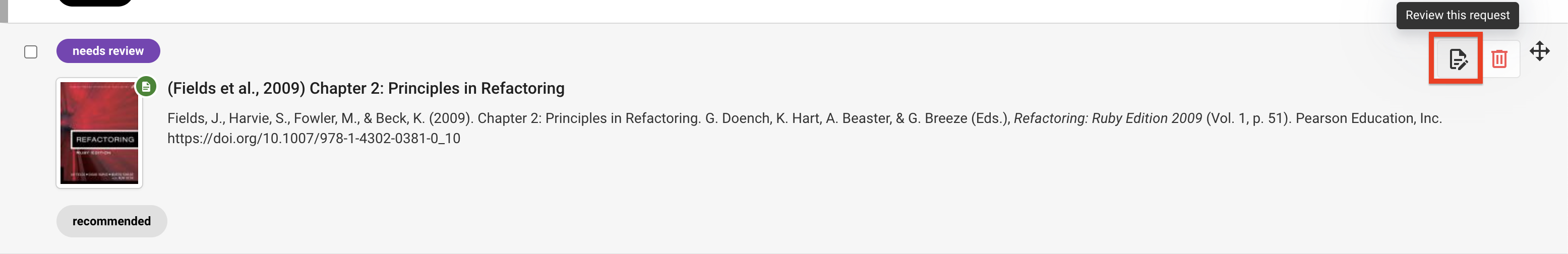 The 'Edit Reading' option, which is on the right-hand side of a resource with the 'Needs Review' status 
