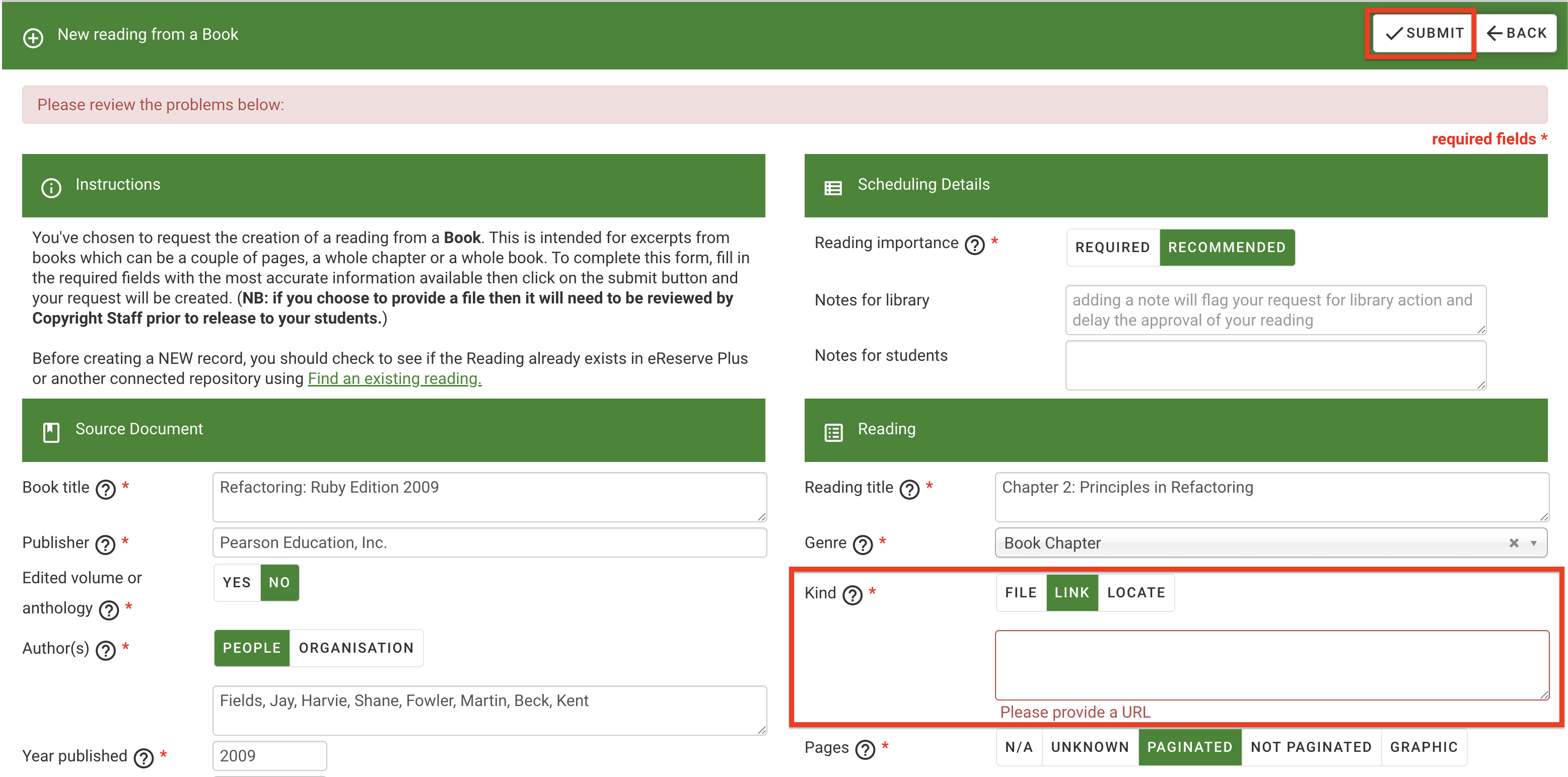The review page for a resource that is missing required details. This link-based resource is missing a URL. The Submit button is on the top right of the page once completed.