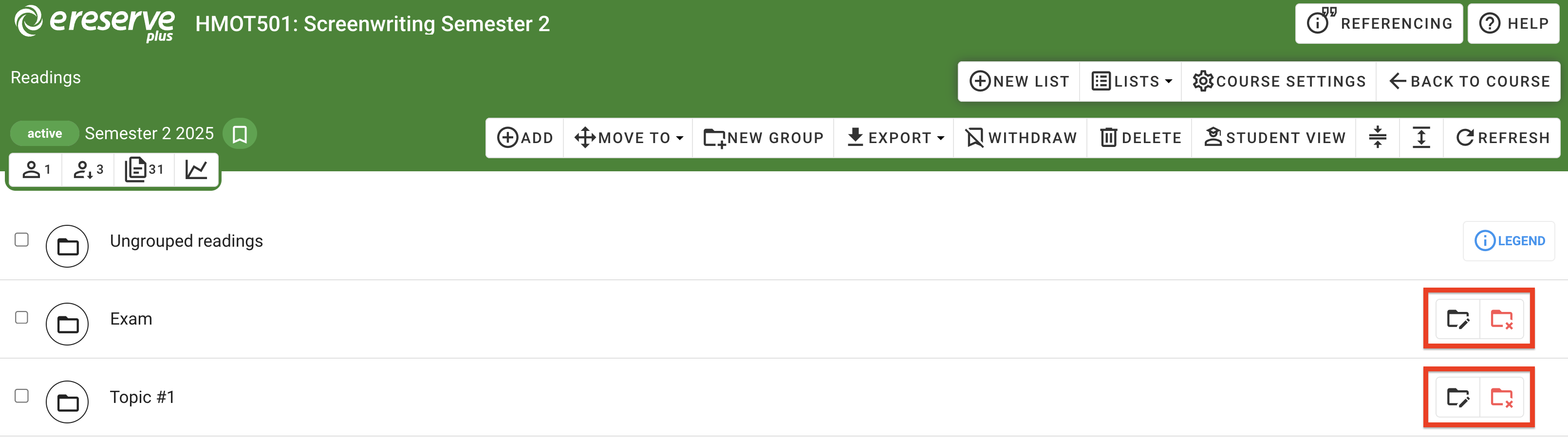 The edit and deletion options on the right-hand side of each group